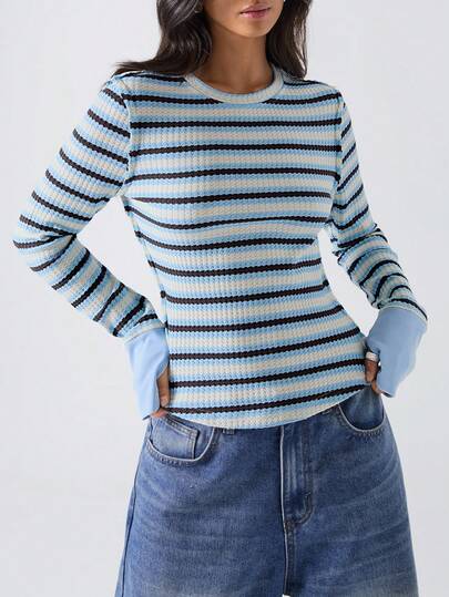 LYSMO 2025New Style Minimalist Autumn Outfits For Women  New  Women's Casual Striped Round Neck Long Sleeve T-Shirt, Autumn /Halloween Costumes/Christmas Women's Clothing/Nightmare Before Christmas