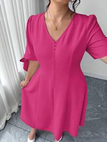 Elenzga Plus Size Solid Color V-Neck Bow Elegant Dress - Hot Pink - View 4