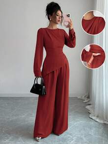 SHEIN Raffinéa Bộ 2 áo thun tay dài màu trơn viền gấp bất đối xứng cho nữ - Rỉ Nâu - Xem 6