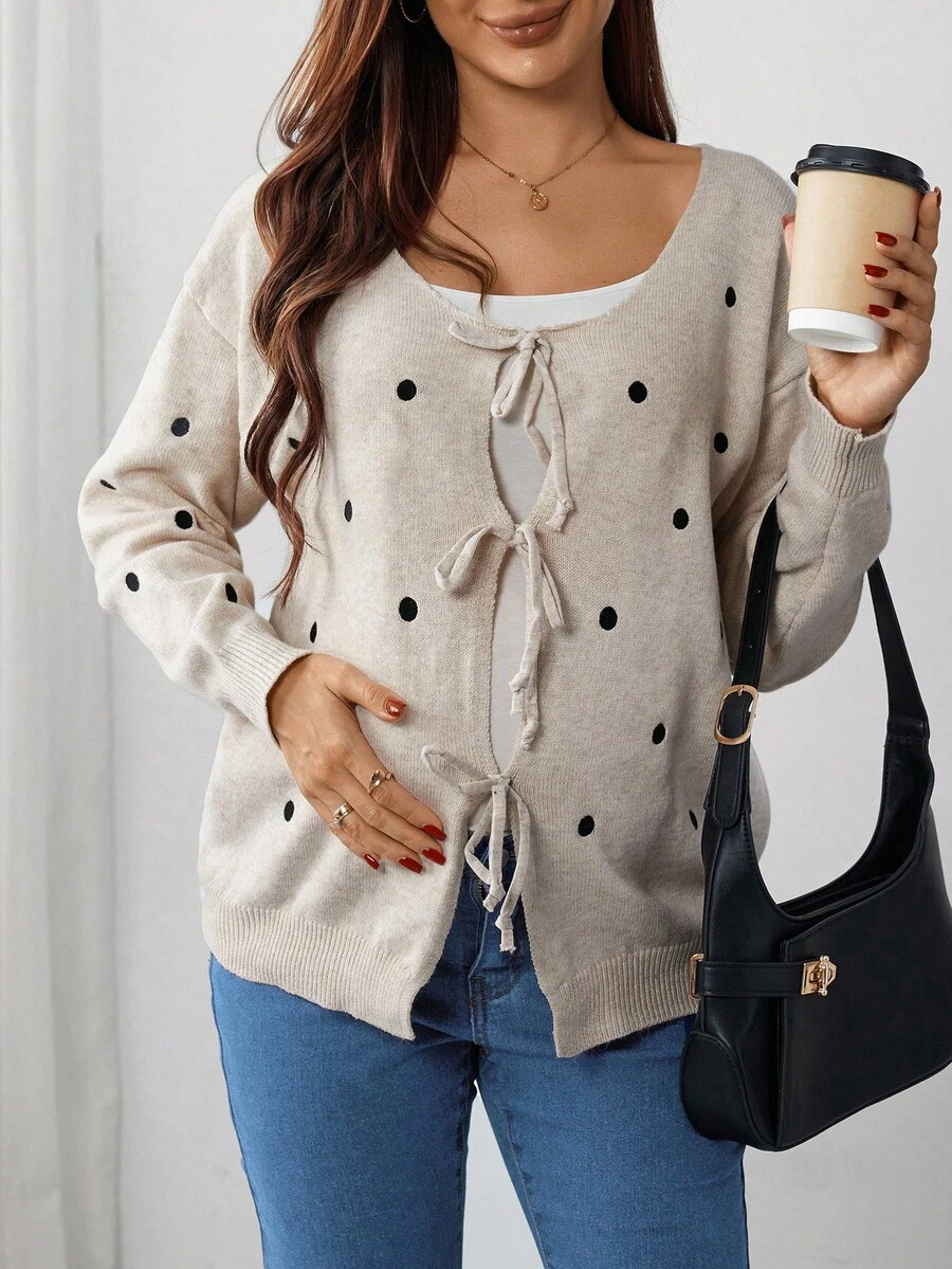 SHEIN Pregnant Women's Embroidered Polka Dot Pattern Knotted Casual Long Sleeve Cardigan Sweater - Apricot - View 1