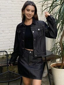 DAZY 纯色纽扣牛仔外套和半身裙 秋冬 Y2K - 藍色 - 查看 5