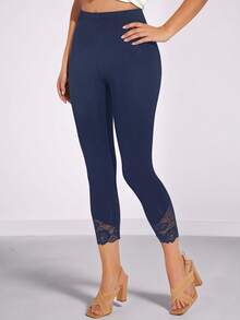 Amorya Women's Solid Color Minimalist High Waist Lace Patchwork Leggings