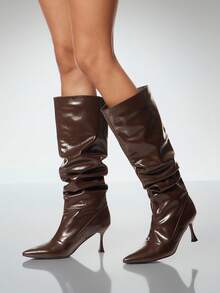 SHUZIA 女士迷人性感尖头小猫跟仿皮休闲靴 - 巧克力棕 - 查看 4