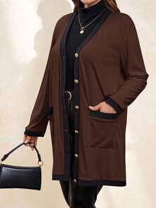SHEIN Clasi Plus Size Women Elegant,Comfortable Metal Button Closure Long Warm Cardigan,Black & White,For Autumn,Office,Ladies Windbreaker,Business Casual Winter - Chocolate Brown - View 7