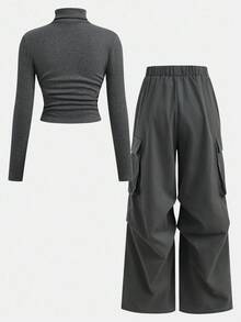 Girlism Tween Girls Grey Knit Pullover Sweater And Cargo Pants Set Fall Winter - Dark Grey - View 2