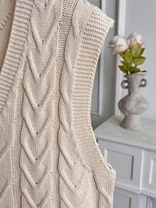 Franclia 女士休闲简约扭纹针织毛衣背心，秋冬 - 杏色 - 查看 3