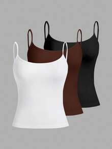 Tseoso 3件套休闲修身女士吊带背心，95%棉，适合夏季，复古可爱，甜美少女风，夏季外出单品，居家，返校季，秋季女装，百搭，3件装背心，修身背心，紧身背心，吊带背心，基础款上衣 - 彩色 - 查看 8