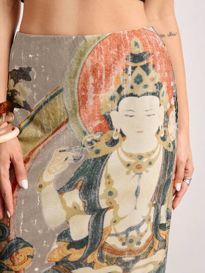 ROMWE Avant Jupe femme style thangka peinture de Bouddha esthétique oriental floral