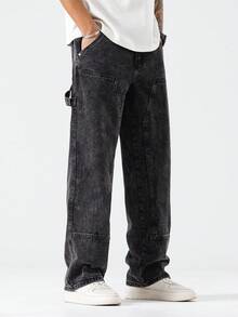 Manfinity Hypemode 男士休闲日常斜口袋宽松直筒牛仔裤 - 灰色 - 查看 5