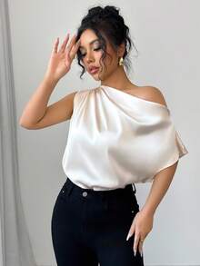 Chiquease Women's Satin Pleated Asymmetric Shoulder Blouse, Elegant And Relaxed Style For Banquet, Commute, Casual Wear, Spring/Summer French Style One Shoulder Shirt One Shoulder Top One Sleeve Top Off Shoulder Shirts Draped Top Off Shoulder Blouse - Apricot - View 4