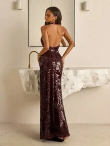 Vowa 时尚、性感、前卫、网眼、闪亮、梅红色和酒红色、亮片面料、金属扣装饰、镂空、露背、喇叭下摆迷你连衣裙，适合夜总会、派对、度假、庆典、签到、舞会 - 酒紅色 - 查看 6