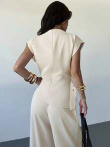 Firerie 女士优雅纯色纽扣设计腰部上衣和裤子套装 - 杏色 - 查看 8