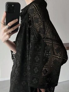 FRIFUL 女士蕾丝衬衫，夏季时尚 - 黑色 - 查看 4