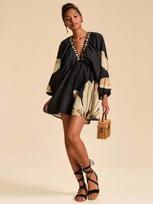 Travachic Vacation Printed V-Neck Long Sleeve Mini Dress For Women,National Day,  New Year Clothes,  Going Out Outfit, Luxury Elegant Graduation, Tunic Dresses,Fall Winter Clothes, Christmas Party, New Year, Wedding Guest Outfits, Elegant Graduation, Luxury Prom Dress, Casual Outfits - Multicolor - View 4