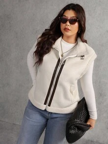 Elaquor Plus Size Women Casual Minimalist All-Match Versatile Urban Relaxed Faux Suede Sherpa Colorblock Jacket, Autumn/Winter Plus Size Jackets Plus Size Vest Plus Size Winter Clothes Plus Size Fall Clothing Zip Up Vest - Apricot - View 4