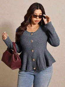 Elaquor 大码休闲简约百搭都市时尚办公室通勤优雅金属装饰灰色女士开衫，秋冬 - 灰色 - 查看 4