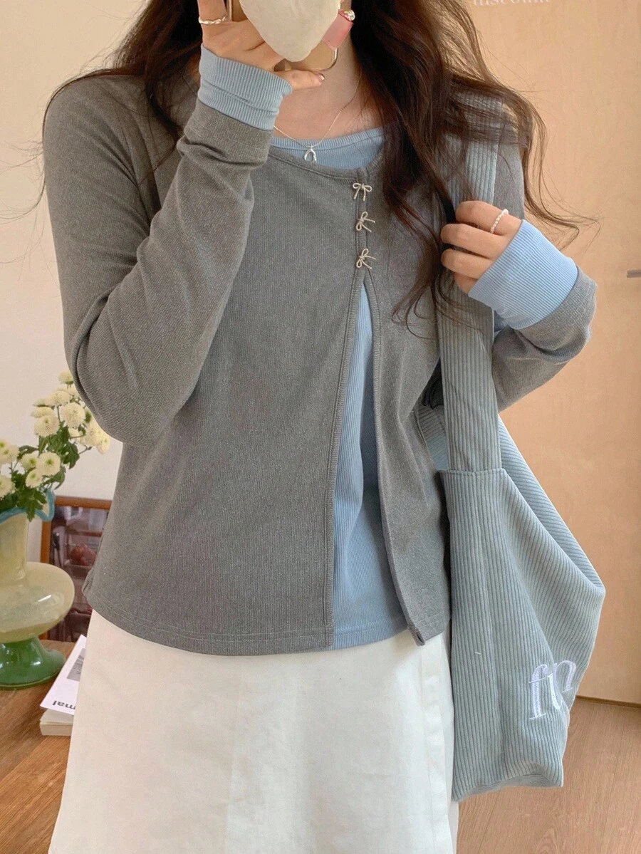 DAZY Women's Contrast Color Long Sleeve 2 In 1 Oblique Collar Round Neck Butterfly T-Shirt,Fall Clothes - Grey - View 1