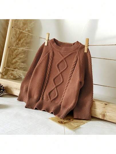 Loomiva Baby Girl Solid Color Cable Pattern Crew Neck Long Sleeve Pullover Sweater, Versatile & Soft Fall Winter