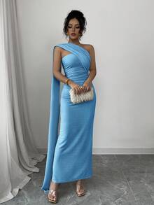 Elenzga 女式新款蓝色欧美时尚优雅派对轻盈成熟高端不对称领口斗篷性感褶皱腰身修身紧身后背中心开衩性感闪亮弹力针织优雅舒适约会派对情人节连衣裙