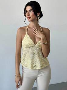 Firerie 女士优雅精致浪漫度假性感新款V领透明露背奶油黄色吊带背心上衣 - 黃色 - 查看 5