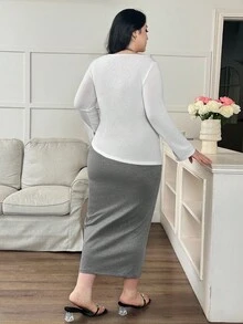 Modelyn Plus Size Women Knight Print Long Sleeve Pleated Top And Halter Bodycon Dress Casual 2 Pieces Set - White - View 2