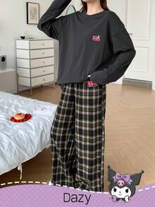 DAZY HELLO KITTY AND FRIENDS | SHEIN 卡通印花T恤上衣和格子宽松长裤女士两件套睡衣套装，秋冬服装 - 深灰色 - 查看 6