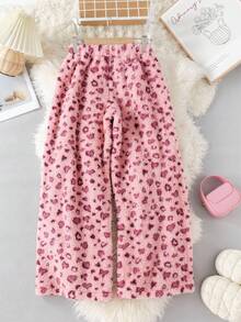 SHEIN Unity Pink Rabbit Fur Leopard Print Bow Elastic Waist Straight Pants - Pink - View 2