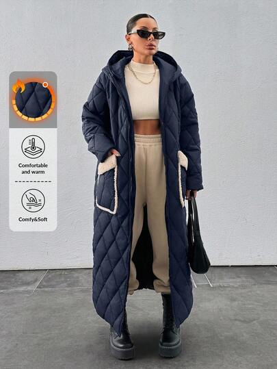 EURMUSE Women Long Padded Coat With Big Pockets Details, Different Fabric Patchwork, Hood, Teddy Bear Fabric Details, Warm And Fashionable