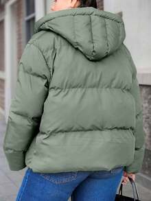 EURMUSE Plus Size Solid Color Minimalist Everyday Zip-Up Hooded Padded Coat - Mint Green - View 2
