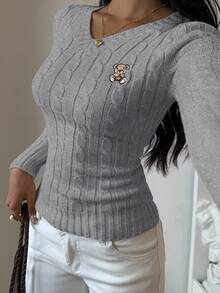SHEIN EZwear 女式卡通熊刺绣扭纹针织 V 领长袖修身毛衣，秋冬女式毛衣套头衫针织上衣，秋季 - 灰色 - 查看 4
