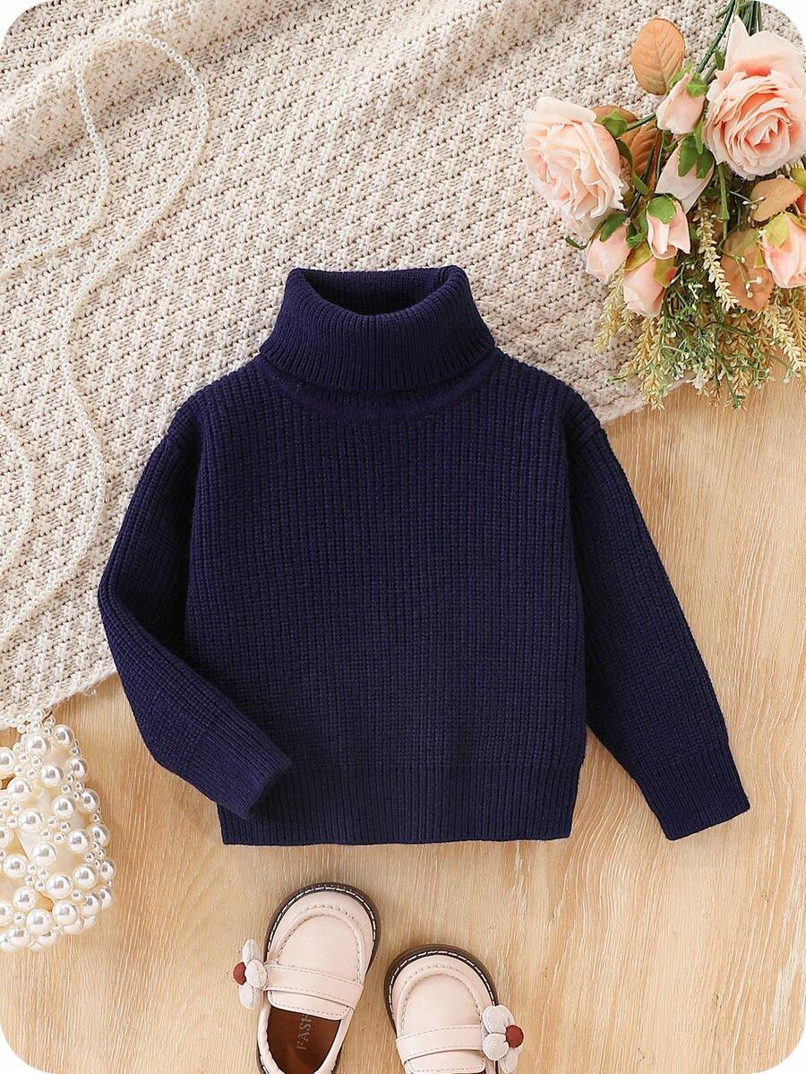SHEIN Vintaside Kids كنزة صوفية تورتل للأطفال البنات، كنزة صوفية صوفية ملونة للأطفال للخريف/الشتاء، كنزة صوفية صوفية بياقة عالية للأطفال البنات، كنزة صوفية صوفية للأطفال البنات للشتاء، كنزة صوفية عيد الميلاد والهالوين للأطفال البنات للخريف والشتاء - أزرق غامق - مشاهدة 1
