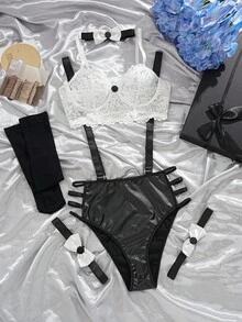 Fantasy Costume 7 件女式万圣节派对黑白上衣 + PU 可拆卸吊带裤 + 2 个腿环 + 1 个颈环 + 2 双袜子服装套装 - 黑與白 - 查看 2