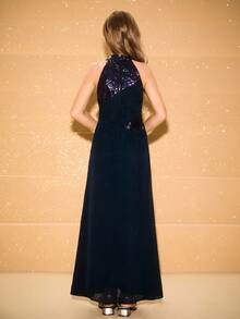 青少年女孩无袖亮片简约优雅连衣裙，适合派对、舞会、宴会 - 藏蓝色 - 查看 2