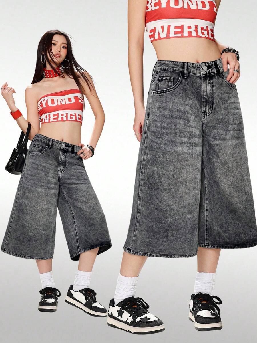 SHEIN ICON 女士休闲宽松七分阔腿牛仔裤，蓝色 - 深灰色 - 查看 1