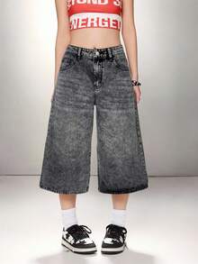 SHEIN ICON 女士休闲宽松七分阔腿牛仔裤，蓝色 - 深灰色 - 查看 6