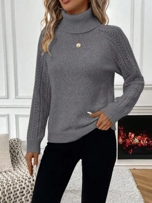 SHEIN Sweater Wanita Kasual Warna Polos Longgar Kerah Tinggi Lengan Raglan, Musim Gugur/Dingin - Dark Grey - View 3