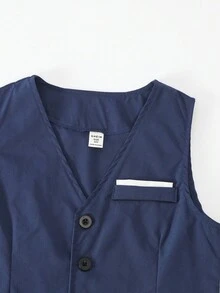 SHEIN 4件套青少年男孩高级优雅时尚正装套装，适合宴会、婚礼、舞台表演和主持。包含西装外套、修身背心、白色长袖衬衫和休闲裤。适合晚宴、典礼、舞台表演、聚会、T台走秀、洗礼、商务、生日派对、婚礼、毕业典礼 - 四季皆宜 - 藏蓝色 - 查看 4