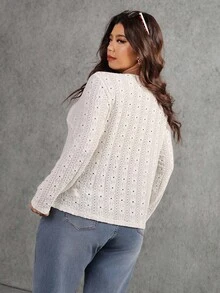 Elaquor Plus Size Women's Fashionable & Elegant Eyelet Embroidery V-Neck T-Shirt Eyelet Top For Women White Cardigan