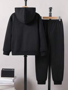 2 件套男童休闲学院风印花连帽开衫和运动裤套装，适合秋冬休闲和校园穿着 - 黑色 - 查看 2