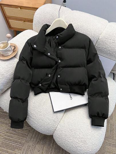 SHEIN Teen Girls' Casual Loose Cropped Padded Coat With Stand Collar, Minimalist Style, Suitable For Autumn/Winter, Back To School Season Black Teen Puffer Jacket Fall