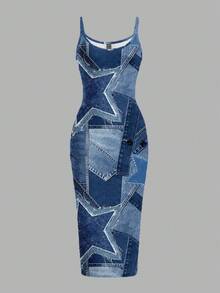 Veykashi 休闲简约长款修身吊带连衣裙，适合夏季穿着，印花面料，蓝色星星印花，性感 - 彩色 - 查看 5