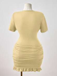 Sunspun Rochie de seară pentru femei, mărime plus, culoare solidă, sexy, cu decolteu în V, cu nod în V, talie încrețită, scobită în gol - Caisă - Vizualizare 2