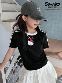 HELLO KITTY | DAZY Tween Girl Collab 针织圆领短袖印花 T 恤，夏季女童超大码 T 恤 - 黑色 - 查看 6
