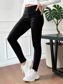 SHEIN 3pcs Tween Girls' Basic Solid Knit High Waist Ribbed Leggings, Black & Grey, Autumn/Winter Fall - Multicolor - View 10