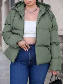 EURMUSE Plus Size Solid Color Minimalist Everyday Zip-Up Hooded Padded Coat - Mint Green - View 4
