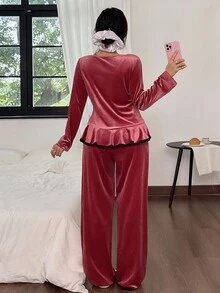 SHEIN Solid Color Velvet Southern French Style Contrast Lace Patchwork Ruffle Trim Long Sleeve Pajama Set For Women, Fall Winter Clothes - Watermelon Pink - View 3