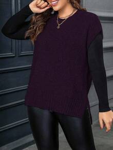 Calvaya Plus Size Casual Solid Color Side Slit Knit Vest, Autumn/Winter - Purple - View 4