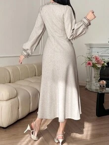 DAZY 女士流苏拼接方领长款A字优雅连衣裙 - 米色 - 查看 5