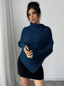 Selianne 女士经典不对称蝙蝠翼纯色高领针织毛衣，时尚百搭，适合度假穿着 - 橄欖綠 - 查看 5