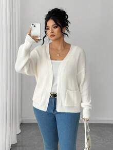 Elenzga Áo len cardigan tay dài họa tiết hai túi thoải mái, dáng rộng, lấy cảm hứng từ Blogger cỡ lớn - Màu be - Xem 5